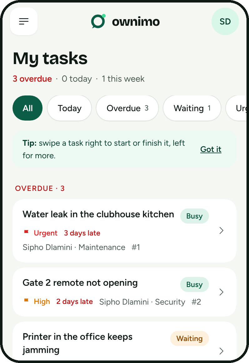 Ownimo on a phone: My week, with tasks due today and this week